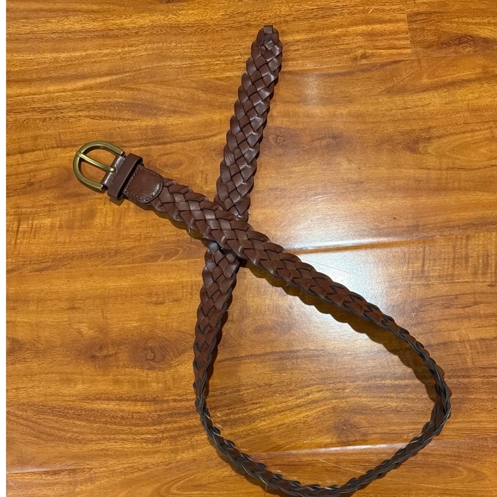 Womens Braided Brown Leather Belt Woven Antique Brass Buckle Adjustable 36 Inch